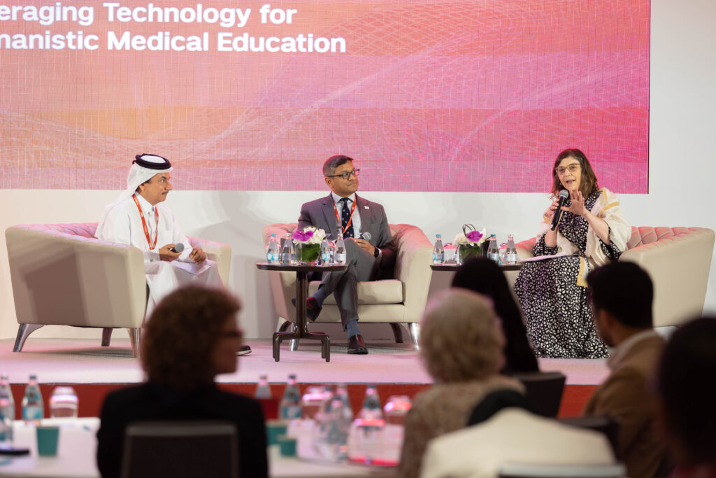 A panel discussion at the METC conference, featuring Dr. Abdullatif Al-Khal of HMC, Dr. Sanjay Desai of the American Medical Association, and Dr. Thurayya Arayssi of WCM-Q. 